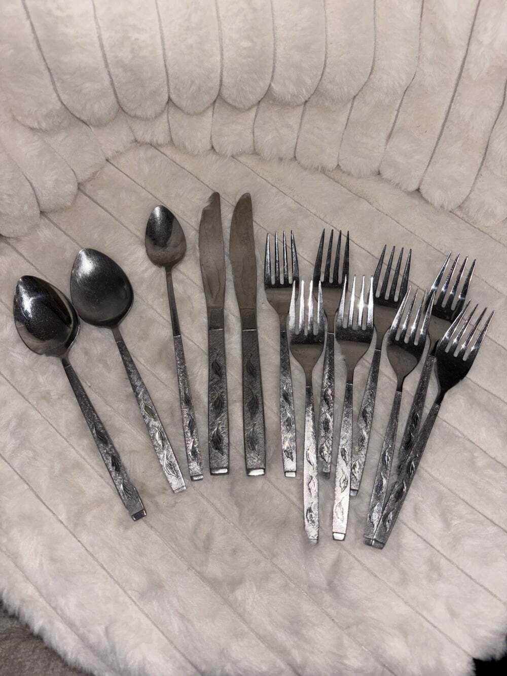 Vintage Carlton Stainless CAS2 Frosted Leaf Flatware Set - 13 Pc MCM Korea
